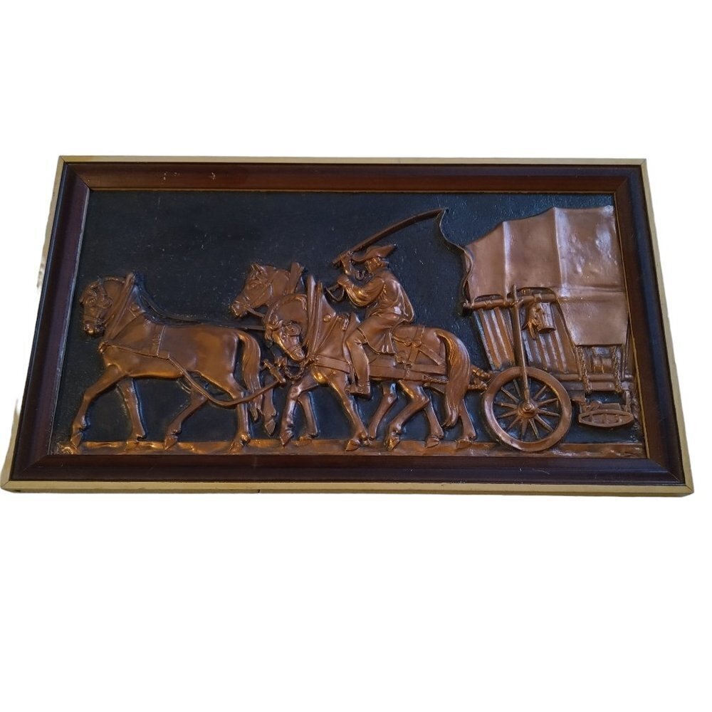 Copper Hand Forged 3D Picture 3 Horses Pulling Wagon Vintage Polish Frame